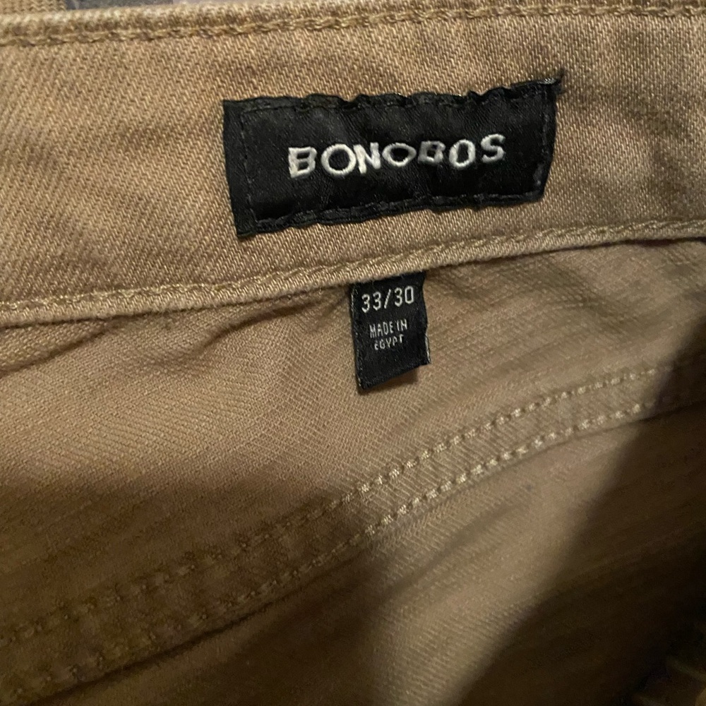 Bonobos light tan 5 pocket skinny jeans. 33-30 but took half inch off to 29.5.